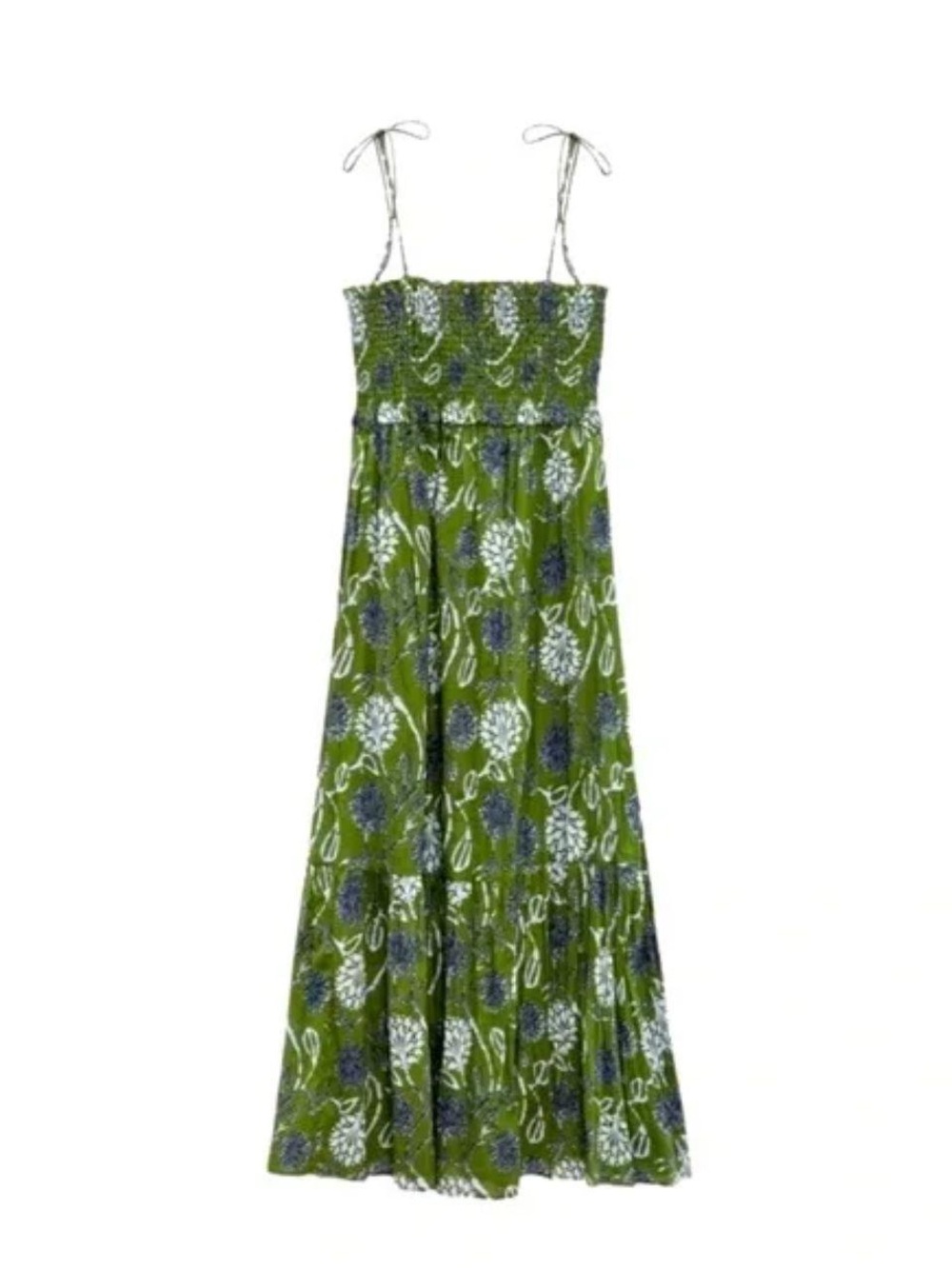 Zara Green Paisley Smocked Tiered Midi Dress Size XS 6178